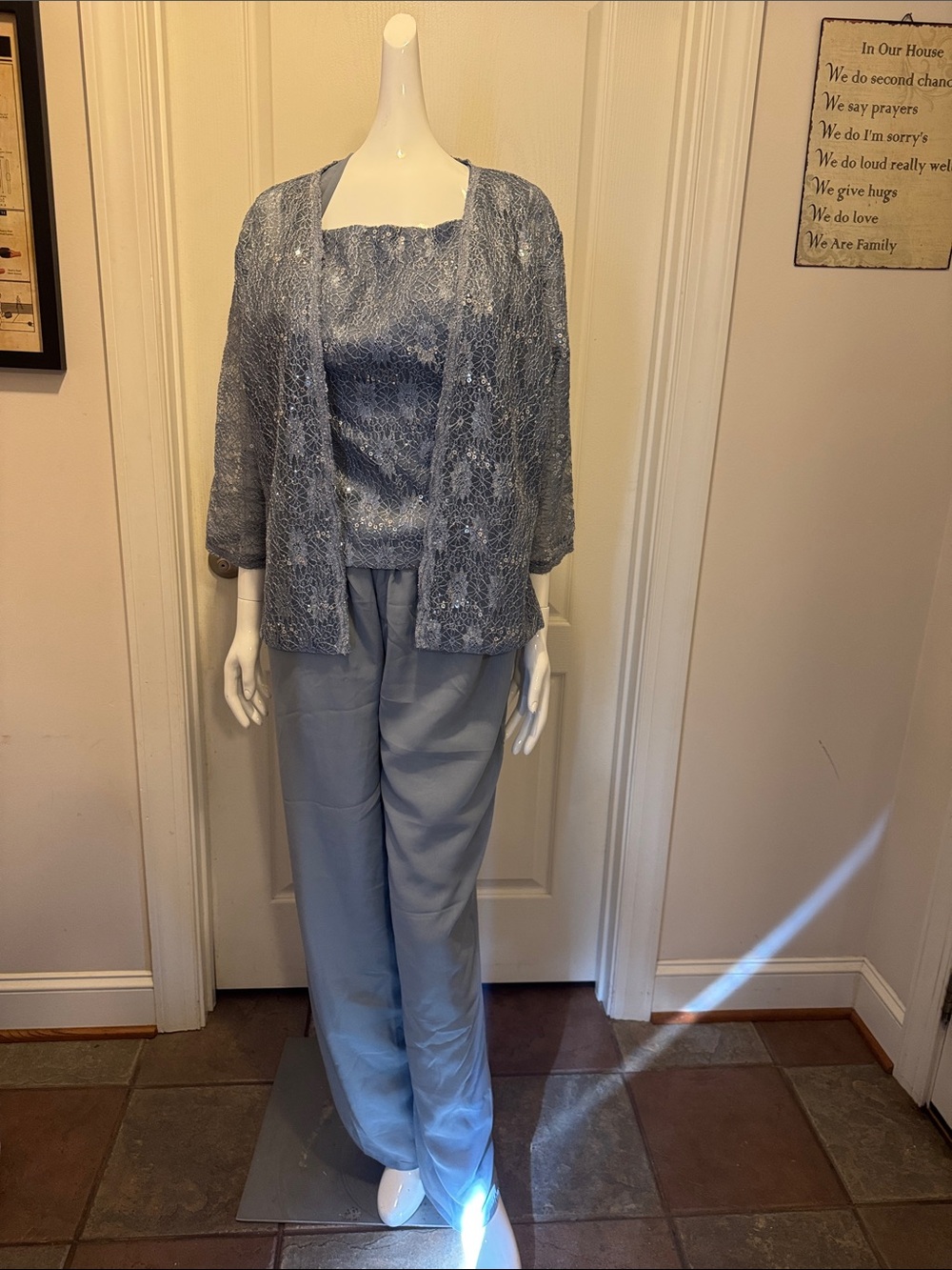 Elegant Light Blue Lace Jacket & Satin Pants Wedding Set